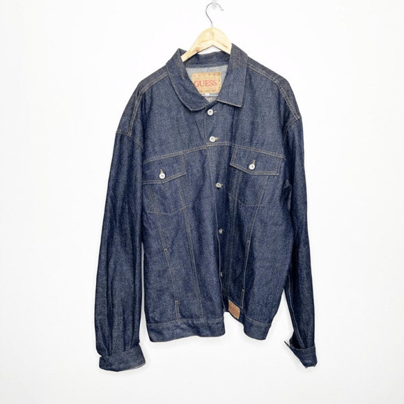 VTG 90s GUESS JEAN Trucker JACKET raw selvedge denim dark wash XXXXL 4XL - Picture 2 of 8